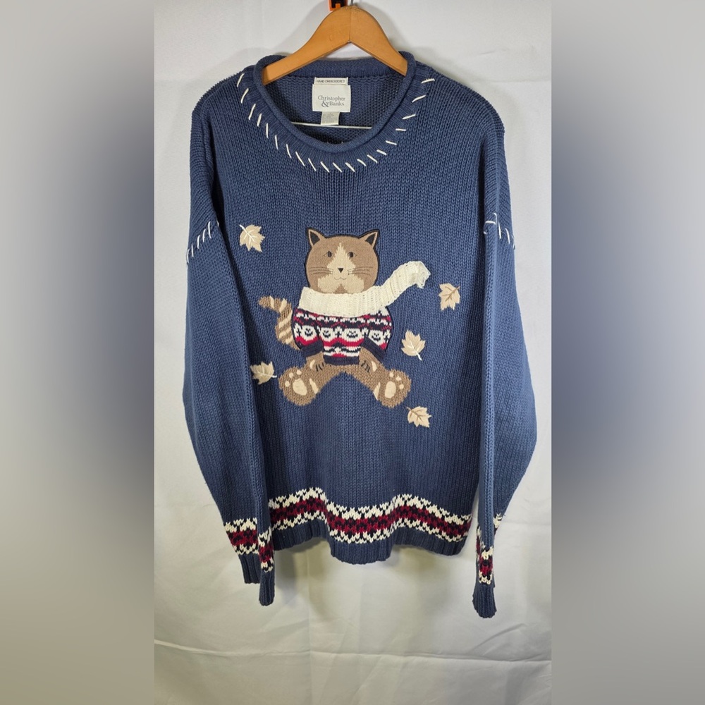 Christopher & Banks Vintage Cat Hand Embroidered Blue Sweater Size Large